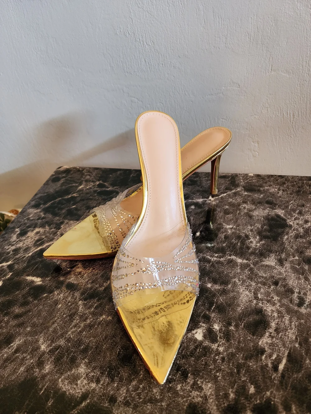 Gold Pointed Toe High Heel Mules - Women